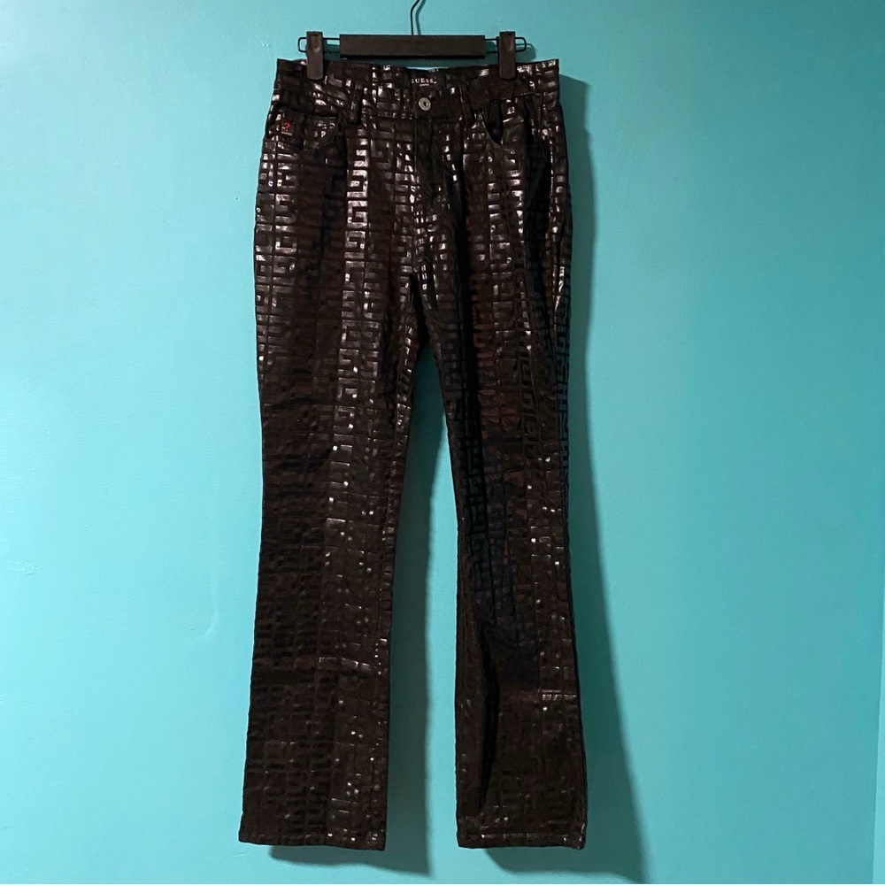 Vintage Guess Jeans 28 Black Embossed Wetlook Logo Guess Straight Leg Jeans